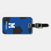 Voetbal Blauwe Monogram & Naam Bagagelabel (Voorkant horizontaal)
