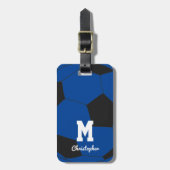 Voetbal Blauwe Monogram & Naam Bagagelabel (Voorkant verticaal)