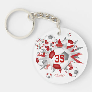 Voetbal blowout meisje rood grijs gepersonaliseerd sleutelhanger