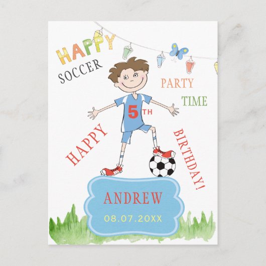 Voetbal Boy Verjaardag Virtual Party Kleurrijk Uitnodiging Briefkaart (Voorkant)