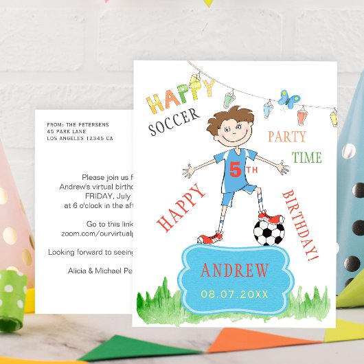 Voetbal Boy Verjaardag Virtual Party Kleurrijk Uitnodiging Briefkaart