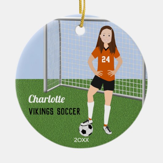 Voetbal Brunette in het Oranje Keramisch Ornament (Voorkant)