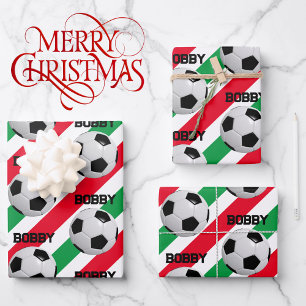Voetbal Christmas Naam toevoegen 3 Kinder Inpakpapier Vel