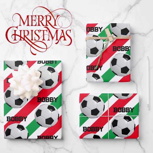 Voetbal Christmas Naam toevoegen 3 Kinder Inpakpapier Vel