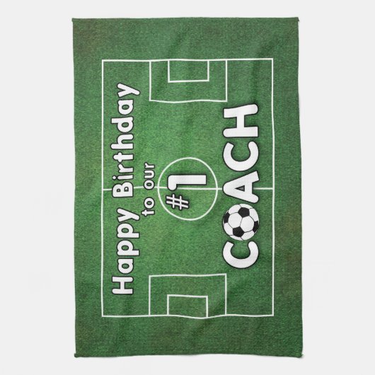 Voetbal coach Gejaard met grasveld en bal Theedoek (Verticaal)