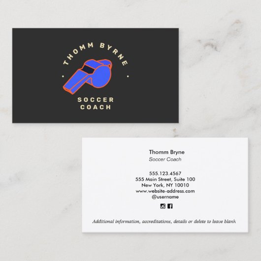 Voetbal coach, Referee Whistle Visitekaartje (Voorkant / Achterkant)