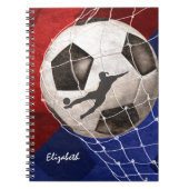 Voetbal dat het nette rode blauwe meisje uitstrooi notitieboek (Voorkant)