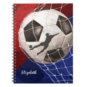 Voetbal dat het nette rode blauwe meisje uitstrooi notitieboek