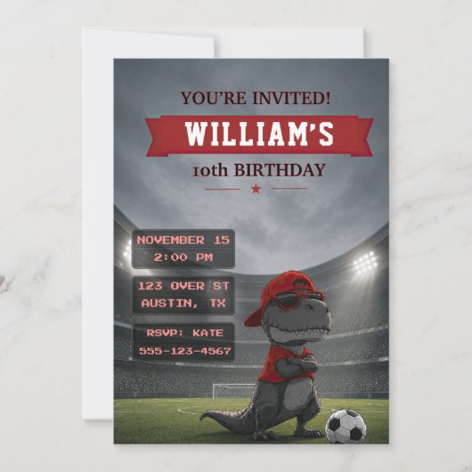 Voetbal Dinosaur Verjaardagsuitnodiging Kaart (Voorkant)