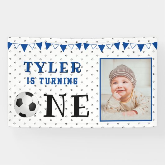 Voetbal Eén 1e Verjaardagsfoto Verjaardagsfeestje Spandoek (Horizontaal)