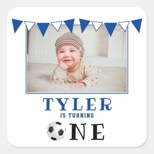 Voetbal Een eerste verjaardag Foto van Birthday Vierkante Sticker (Voorkant)