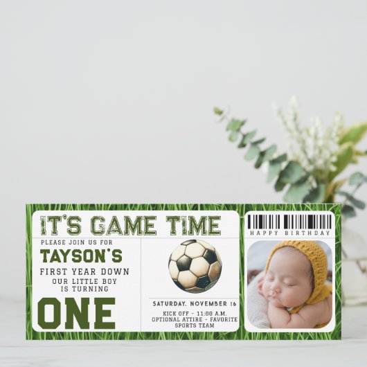 Voetbal Eerste Jaar Down 1e Verjaardag Ticket Foto Kaart (Staand voorkant)