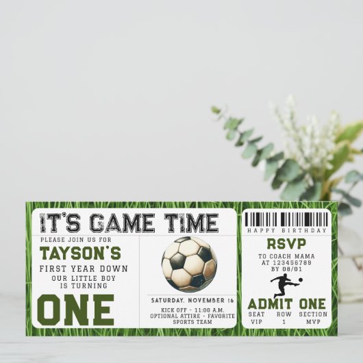 Voetbal eerste jaar down 1e verjaardag ticket kaart (Staand voorkant)