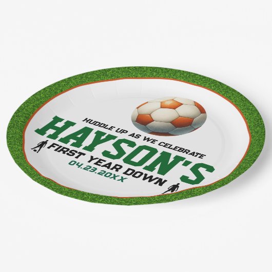 Voetbal Eerste Jaar Down 1e Verjaardagsfeest Papieren Bordje (Gekanteld)