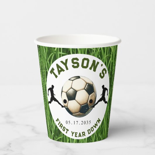 Voetbal eerste jaar naar beneden 1e verjaardag papieren bekers (Achterkant)
