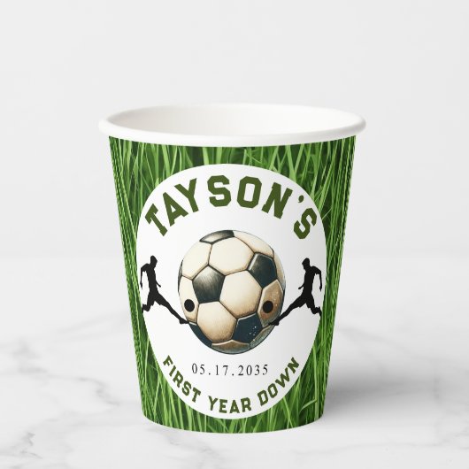 Voetbal eerste jaar naar beneden 1e verjaardag papieren bekers (Voorkant)