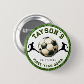Voetbal eerste jaar naar beneden 1e verjaardag ronde button 5,7 cm (Voorkant /achterkant)