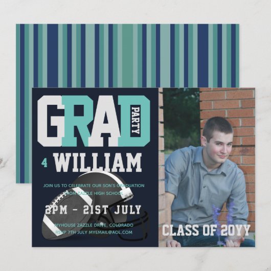 Voetbal EINDEXAMEN FOTO uitnodiging Blauw (Voorkant / Achterkant)