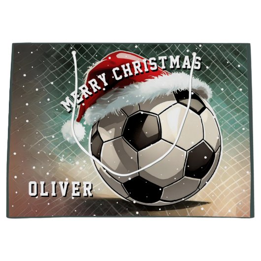 Voetbal Football Ball Santa Hoed Vrolijk Kerstfees Groot Cadeauzakje (Voorkant)