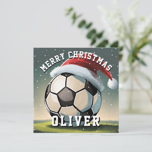 Voetbal Football Ball Santa Hoed Vrolijk Kerstfees Kaart (Staand voorkant)