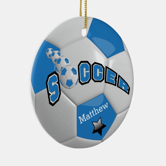 Voetbal Football Ball Star Speler | Blauw Keramisch Ornament (Rechts)