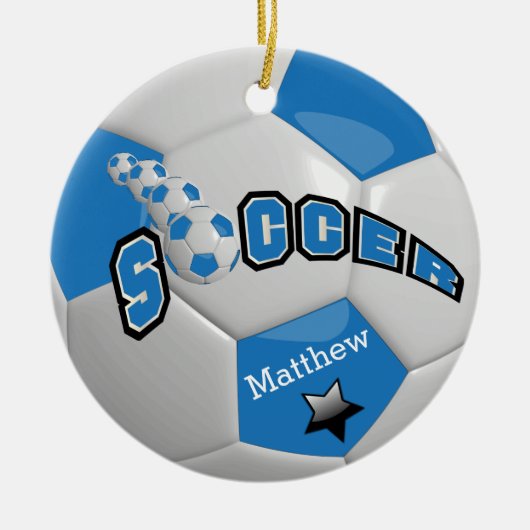 Voetbal Football Ball Star Speler | Blauw Keramisch Ornament (Voorkant)