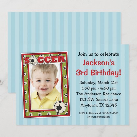 Voetbal Foto van Birthday Party Blue Invitations Kaart (Voorkant / Achterkant)