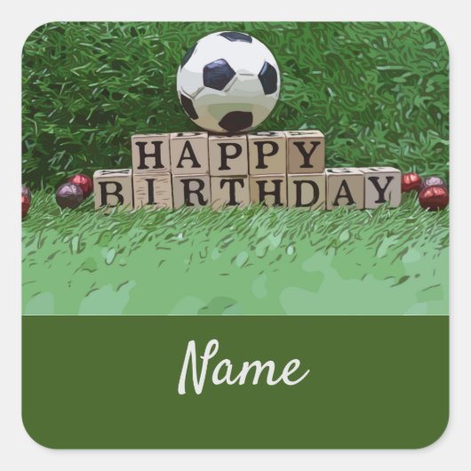 Voetbal Gelukkige Verjaardag met bal op groen Fees Vierkante Sticker (Voorkant)