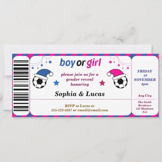 Voetbal gender onthullen Ticket Style Invitation Kaart (Voorkant)