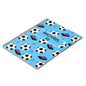 Voetbal gepersonaliseerde naam en nummer blauw notitieboek (Linkerzijde)