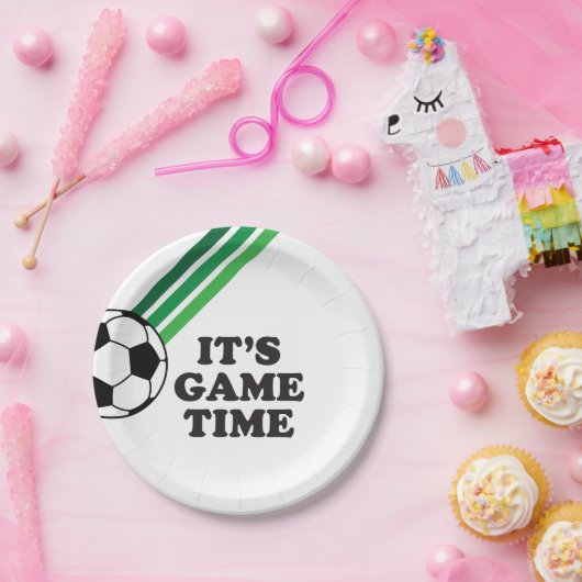 Voetbal Groene Strepen Spel Tijd Verjaardag Papieren Bordje (Feest)