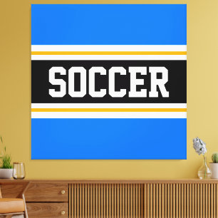 VOETBAL Helder Blauw Zwart Wit Gele Strepen Canvas Afdruk