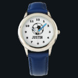 Voetbal horloge voor kinderen met gepersonaliseerd<br><div class="desc">Voetbal horloge voor kinderen met gepersonaliseerde naam print polshorloges voor voetballers en fans. Leuk verjaardagscadeau idee voor jongens en meisjes. Verkrijgbaar in blauw, roze, rood etc. Sportief design met genummerd wijzerplaat bord. Leuk team gunst cadeau idee te geven als voetbal coach of voetbal moeder / vader. Maak je eigen voor...</div>