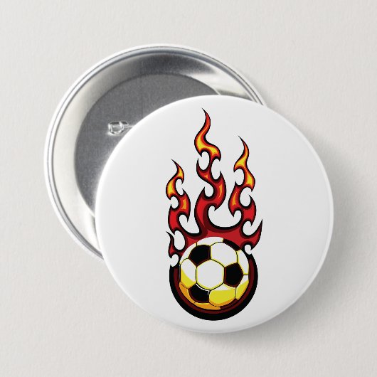 Voetbal in brand ronde button 7,6 cm (Voorkant /achterkant)