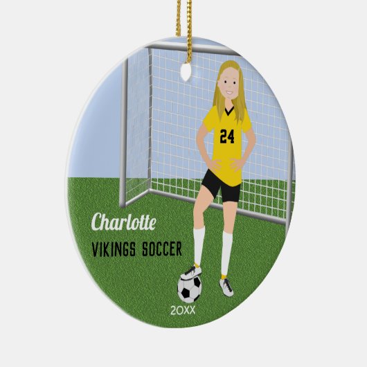 Voetbal in geel en zwart keramisch ornament (Rechts)