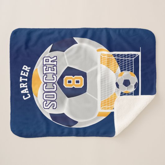 Voetbal in goud, wit en blauw sherpa deken (Voorkant (horizontaal))