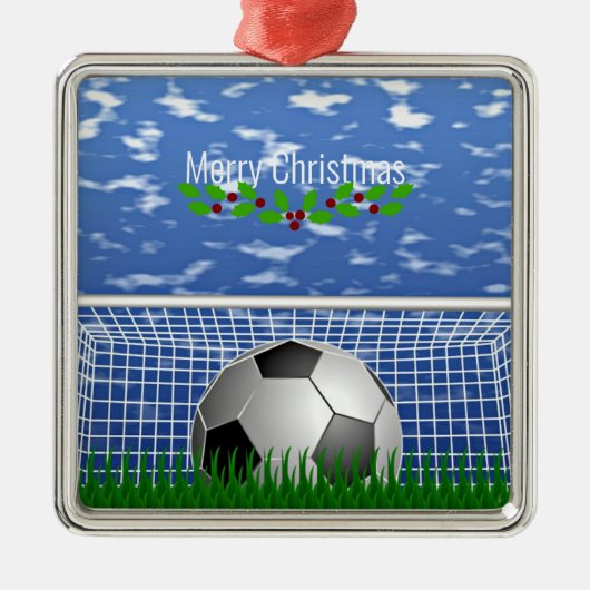 Voetbal in het net, pretkerst, metalen ornament (Voorkant)