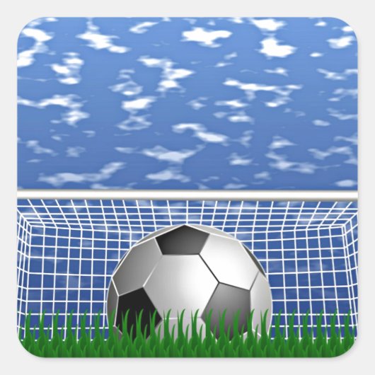 Voetbal in het net vierkante sticker (Voorkant)