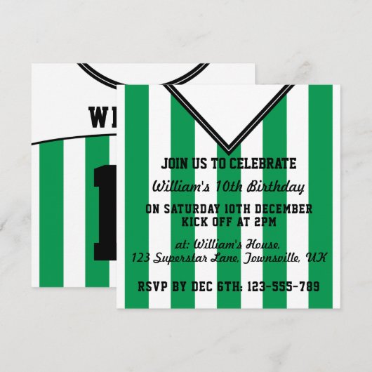 Voetbal Jersey Theme Party Nodigt Sjabloon uit, Gr Kaart (Voorkant / Achterkant)