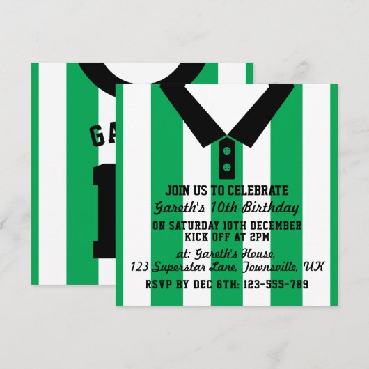 Voetbal Jersey Theme Party Nodigt Sjabloon uit, Gr Kaart (Voorkant / Achterkant)