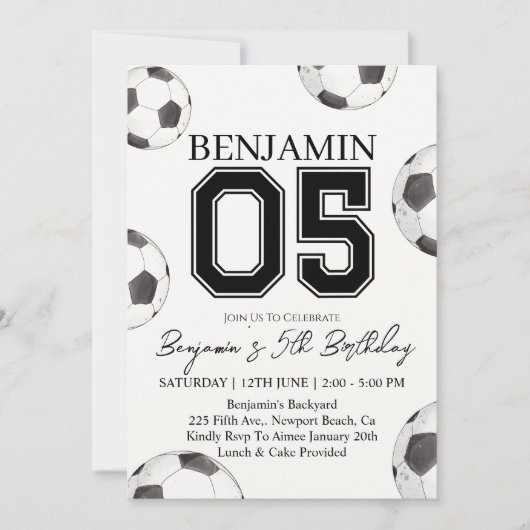 Voetbal Jongen 5e Verjaardag Uitnodiging - Voetbal (Voorkant)