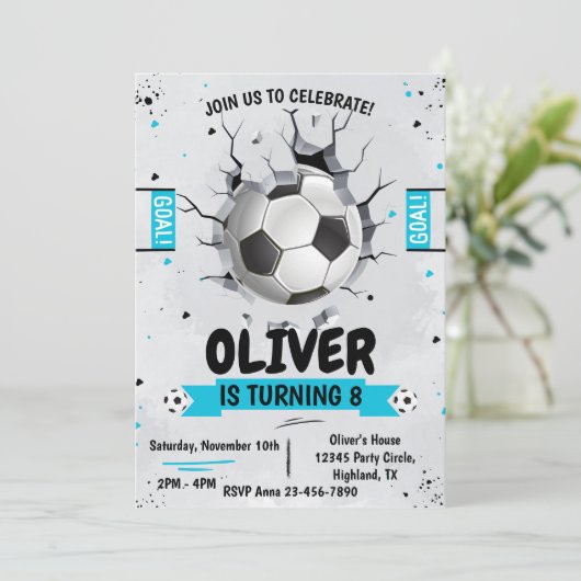 Voetbal jongen blauw Verjaardag uitnodiging (Staand voorkant)