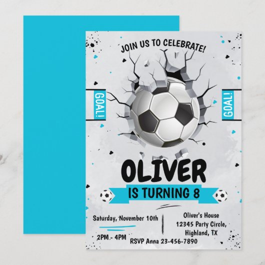 Voetbal jongen blauw Verjaardag uitnodiging (Voorkant / Achterkant)