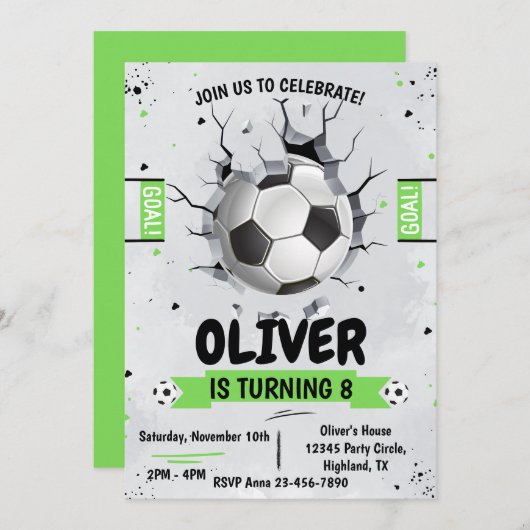 Voetbal jongen Groene Verjaardag Uitnodiging (Voorkant / Achterkant)