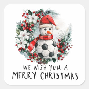 Voetbal Kerst met Sneeuwman Vierkante Sticker