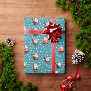 Voetbal Kerstman op Groen-Blauw Cadeaupapier