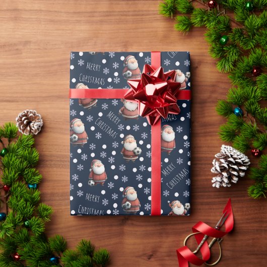 Voetbal Kerstman op Marineblauw Cadeaupapier (Feestdagen Geschenken)