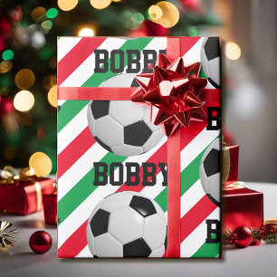 Voetbal Kerstmis Naam Stripe Red n Green toevoegen Cadeaupapier