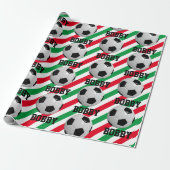 Voetbal Kerstmis Naam Stripe Red n Green toevoegen Cadeaupapier (Uitgerold)