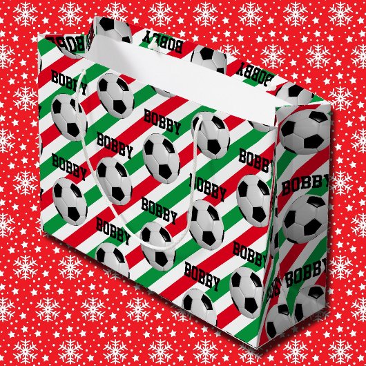Voetbal Kerstmis Naam Stripe Red n Green toevoegen Groot Cadeauzakje
